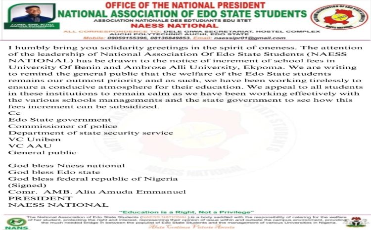 PRESS RELEASE: OFFICE OF THE PRESIDENT NATIONAL ASSOCIATION OF EDO STATE STUDENTS (NAESS NATIONAL) 🌎